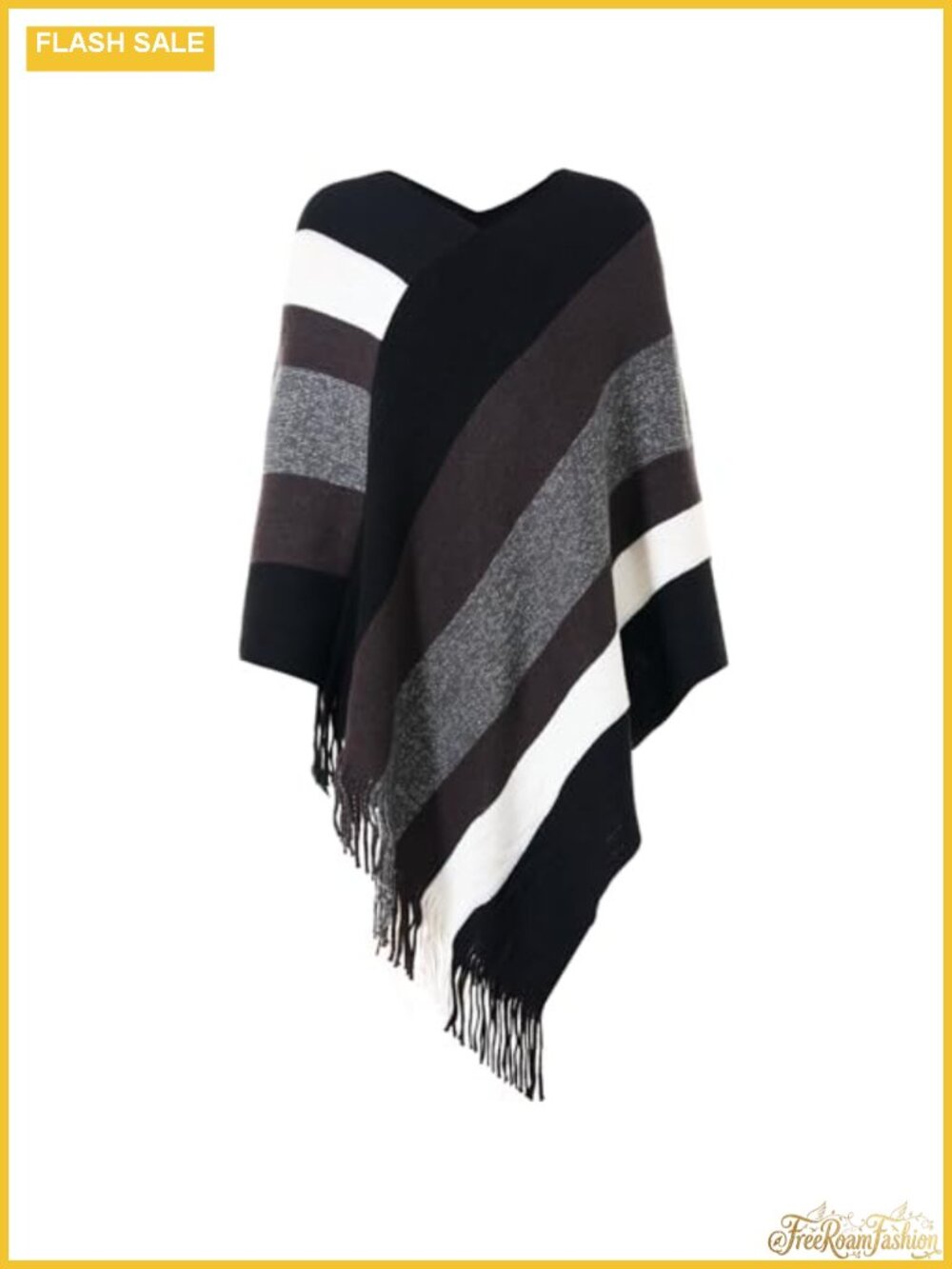 Soft Acrylic Striped Poncho Wrap with Fringe One Size